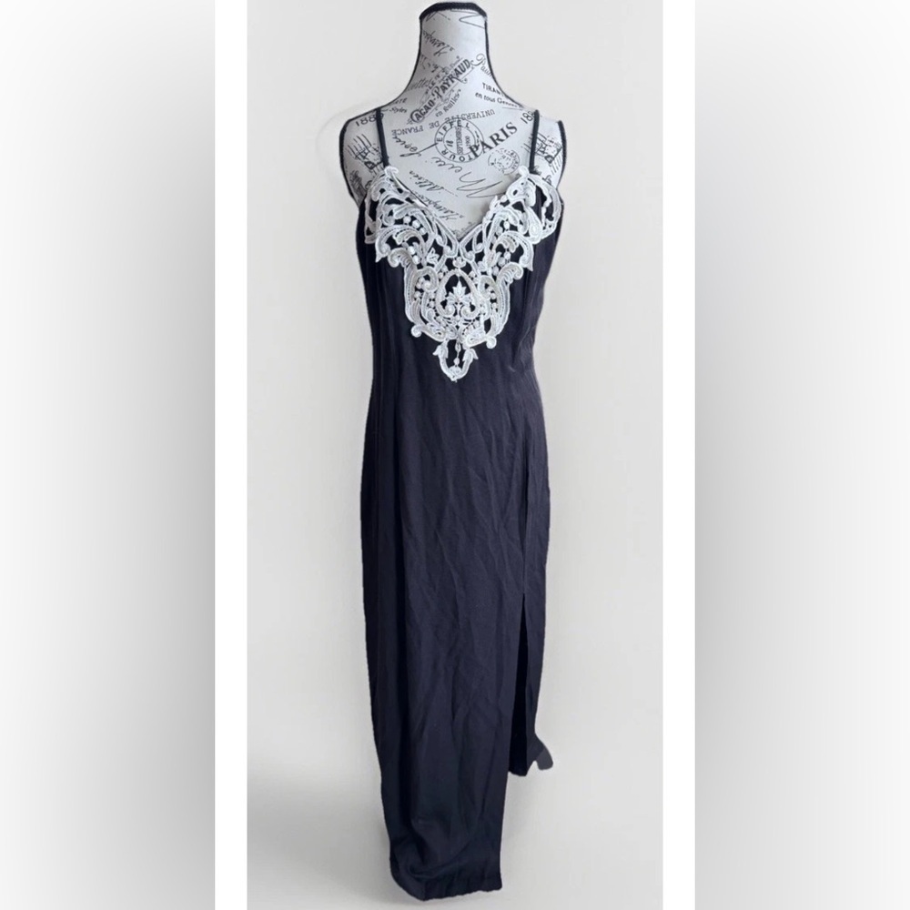Vintage 80s Jessica McClintock Sequin Beaded Lace Goth Maxi Slit Dress 13/14